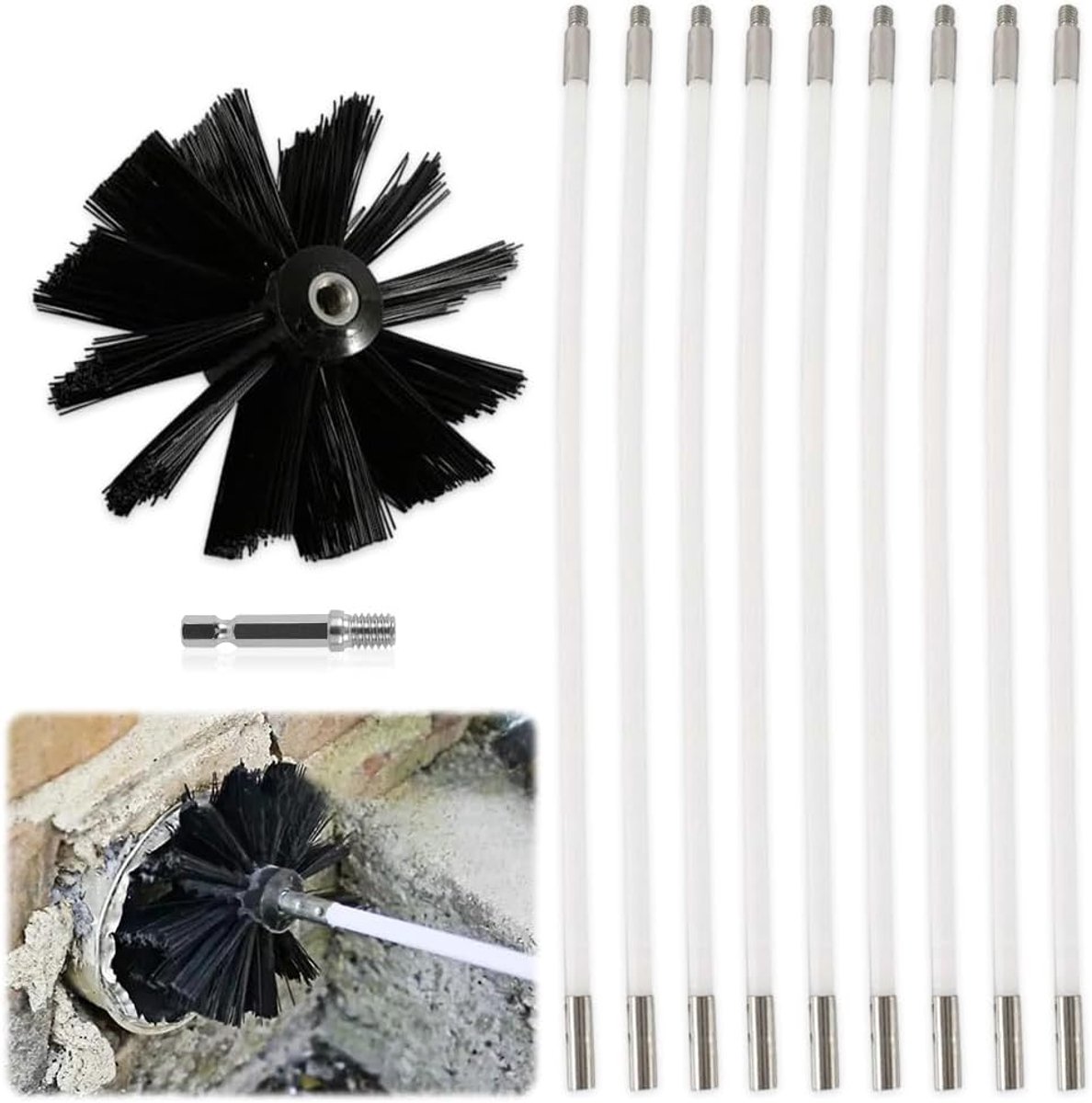 Schoorsteenborstelset - Ovenpijp reiniger - Schoorsteen reinigen - Flexibele stangen - 9 stuks - Nylon