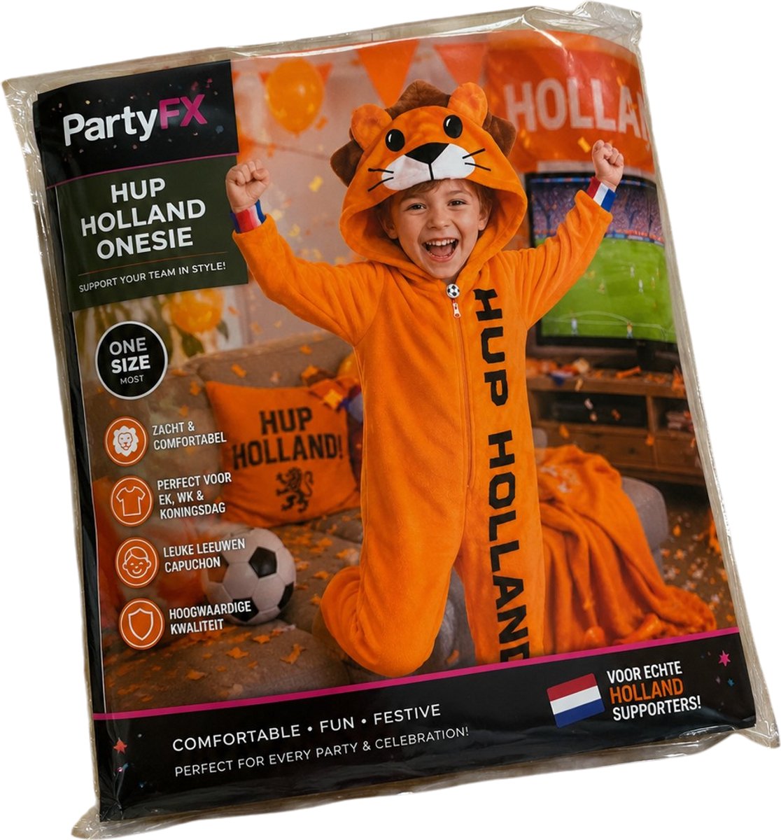 PartyFX Oranje Holland Leeuw Onesie Kinderen – EK/WK Voetbal Verkleedpak – Hup Holland Supporters Pak – 158/164 — afbeelding 3