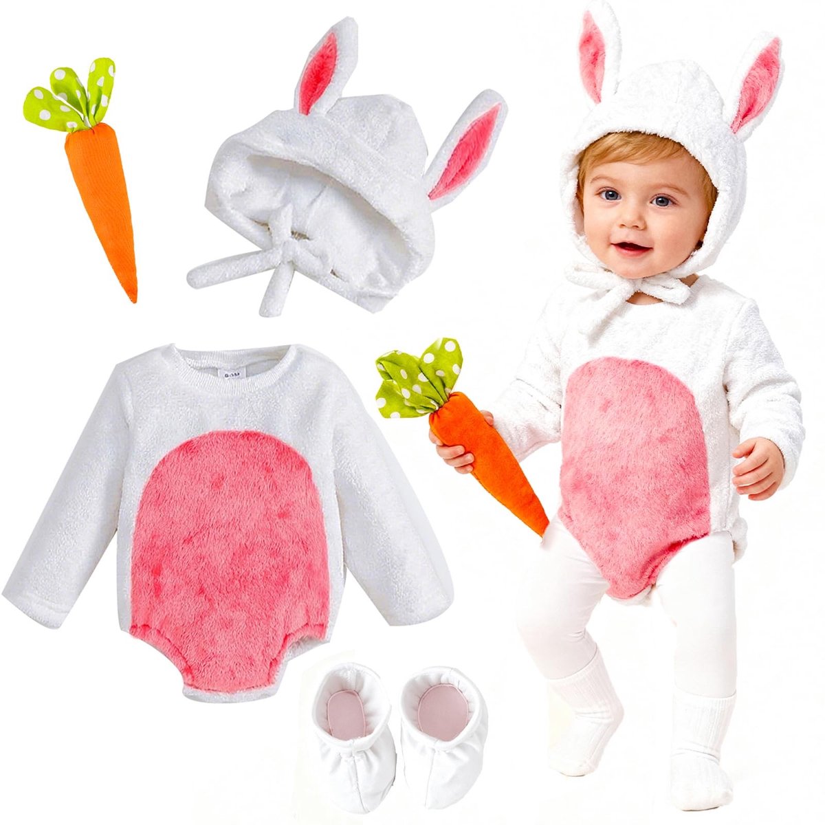 Dailygoods- Konijnenkostuum Flanel - Romper Lange Mouwen - Wikkelbody - Konijnenoren - Muts - Inclusief Pluche Wortel Speelgoed - Baby Kostuum
