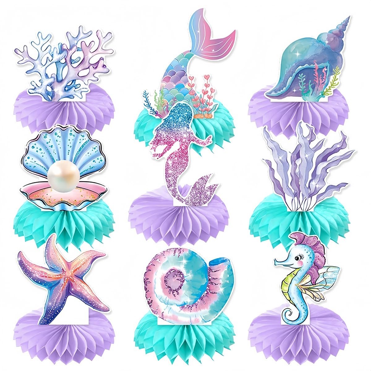 Dailygoods- Zeemeermin Verjaardagsdecoraties Set van 9 - Honingraatdecoratie - Lichtgewicht - Paperclips - Snelle Montage - Scheurbestendig Karton - Feestdecoraties