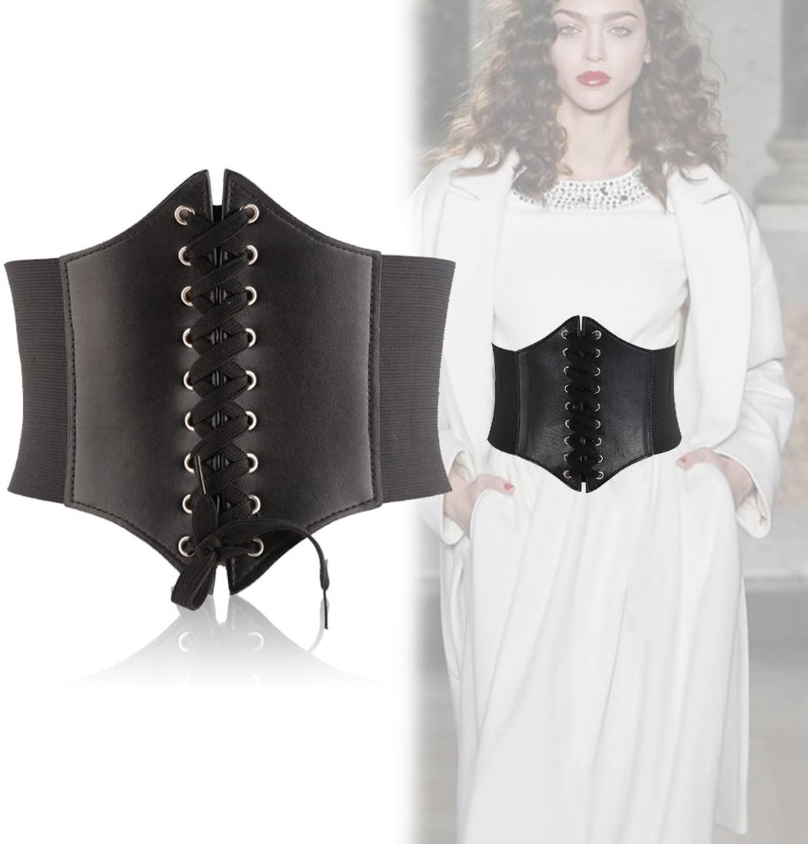 Dailygoods- Korset van zwart leer - Retrostijl - Korset riem - Elastische band - Knoopsluiting - Hoogwaardig materiaal - Corset