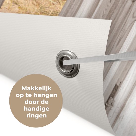 Tuinposter doorkijk raam - Tuindecoratie strand en zee - 120x80 cm - Tuinschilderij voor buiten natuur - Tuindoek duinen - Wanddecoratie tuin - Schuttingdoek - Balkon decoratie - Muurdecoratie - Buitenposter