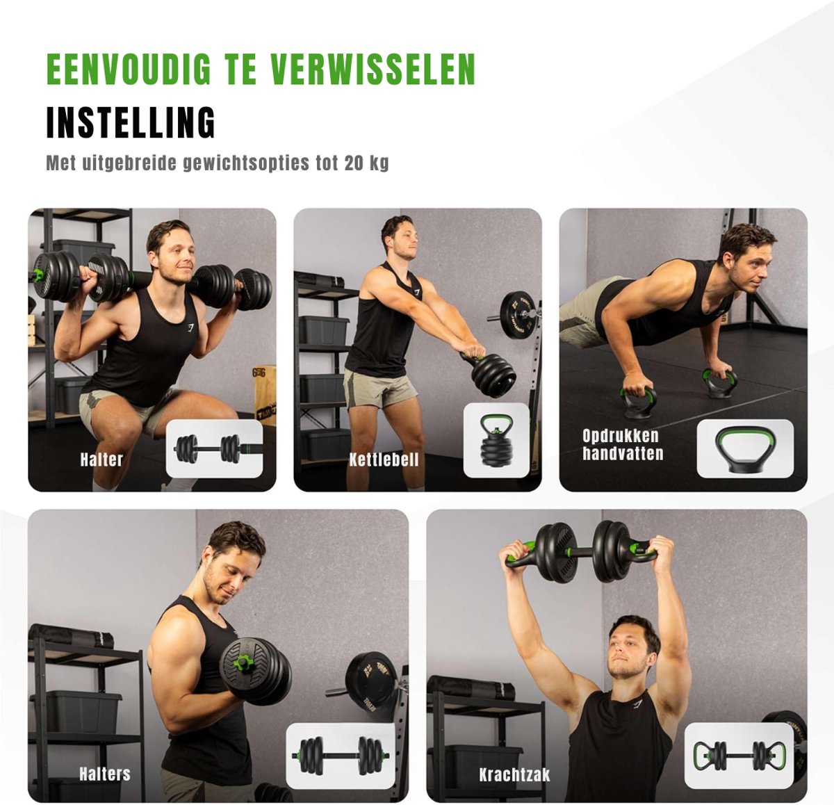 DYNA® Verstelbare Dumbells - Verstelbare Dumbbells - Dumbell Set - Verstelbare Dumbell - Zwart/Groen - 114cm x 19cm x 19cm thumbnail 3