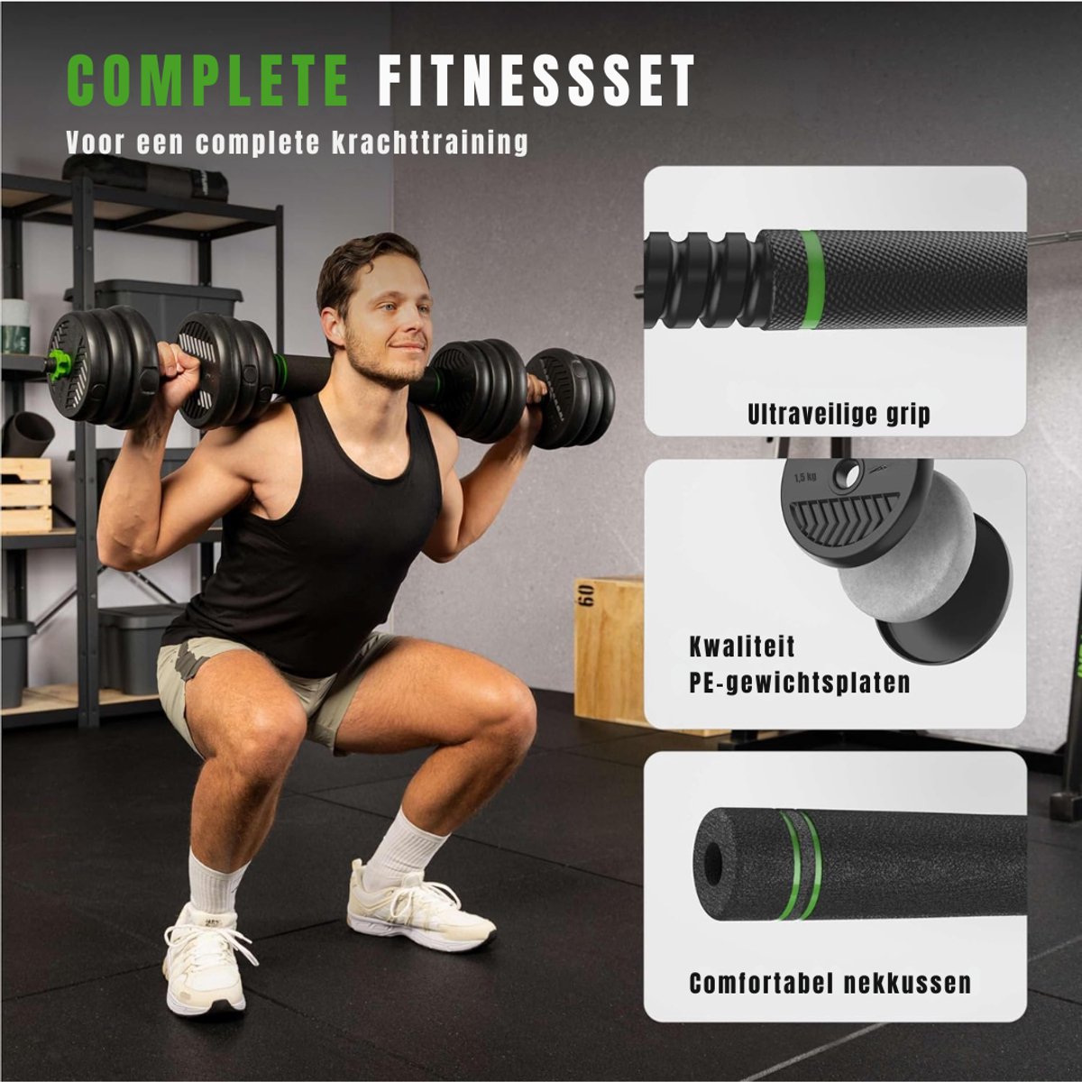 DYNA® Verstelbare Dumbells - Verstelbare Dumbbells - Dumbell Set - Verstelbare Dumbell - Zwart/Groen - 114cm x 19cm x 19cm thumbnail 5