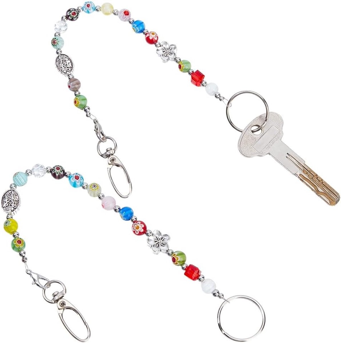 2 Stuks Sleutelhanger met Kralen, 27 cm Dames Kralenriem, Organiser voor Sleutels met IJzeren Sluiting en Kreeftsluiting voor Portemonnee en Handtas