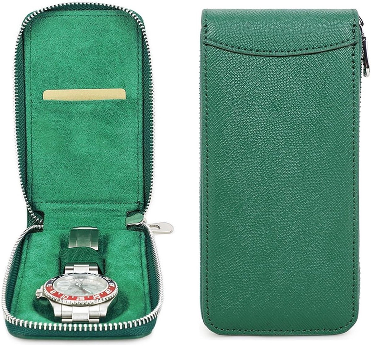 Reisdoos voor Horloges, Opbergtas voor 1 Horloge, Organizer met Rits, Draagbaar, Saffiano Leer, Groene Kleur, Luxe Horloge Accessoire