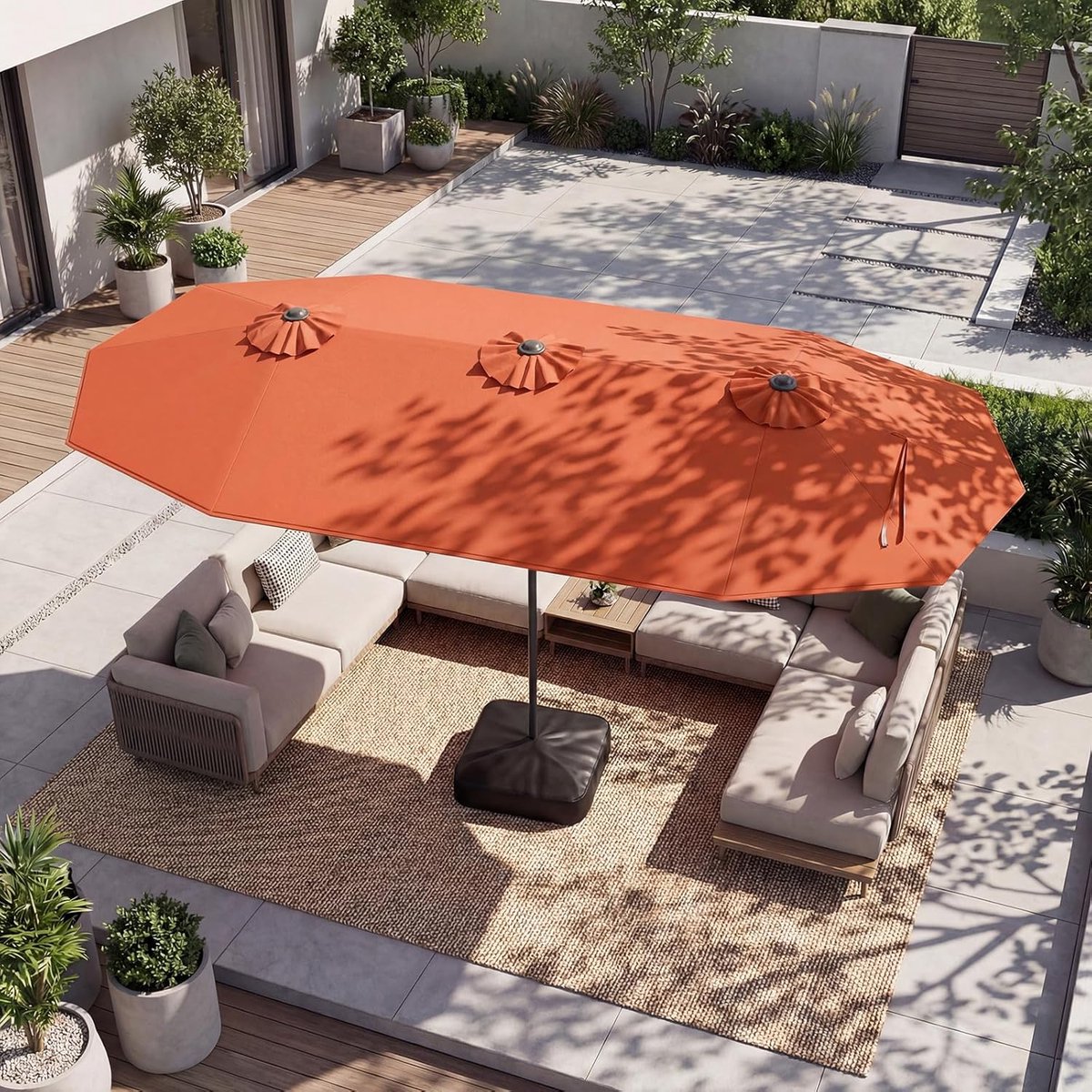 Dubbele Tuinparasol XXL 400x200 cm – Met Verzwaarbare Standaard, UPF 50+ UV-Bescherming, Zwenkmechanisme met Zwengel, Windbestendig & Waterafstotend – Ovale Terrasparasol Oranje – Nicolehome