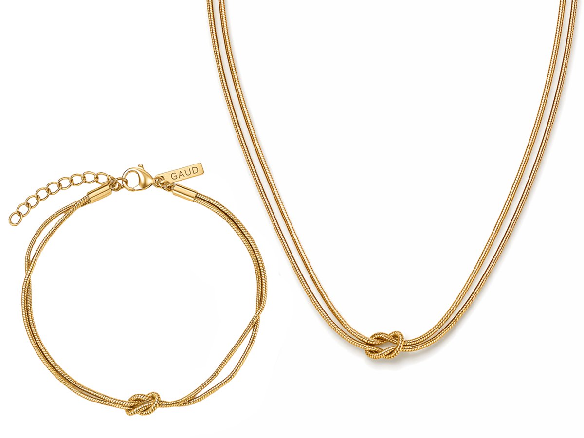 GAUD Sieradenset Goud – Ketting met Love Knot & Infinity Armband – Stainless Steel Verguld – Verstelbaar 15+5 cm en 50+5 cm – Nikkelvrij & Waterbestendig – Cadeau Set Dames en Heren