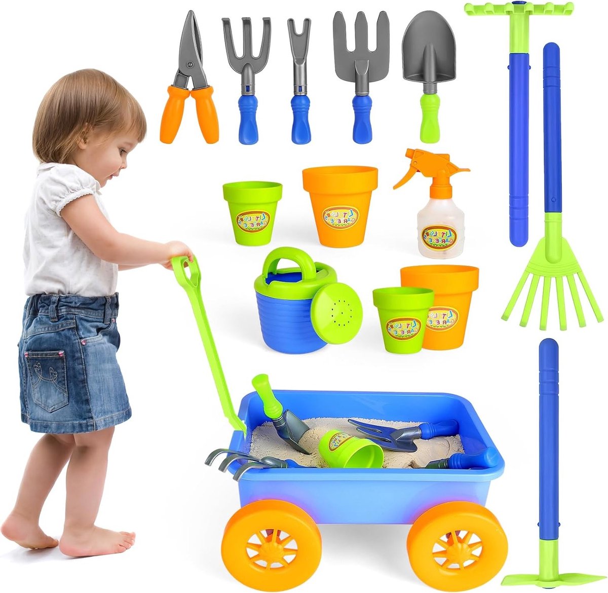 Speelset met Trekbare Tuinwagentje en Tuingereedschap met 10 Accessoires en 4 Plantenpotten voor Kinderen