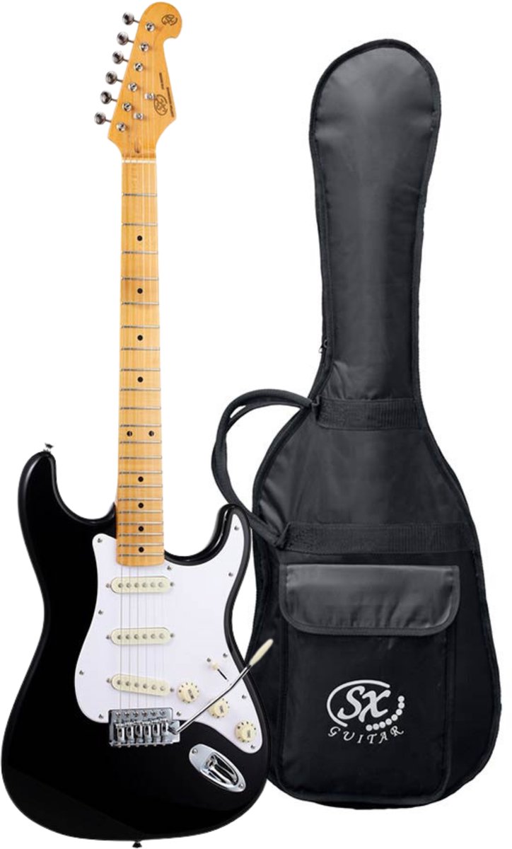 Elektrische gitaar - SX SST57-BK - Retro Series 57 - ST-model - 3x Single Coil - Esdoorn toets - Zwart - Inclusief gigbag