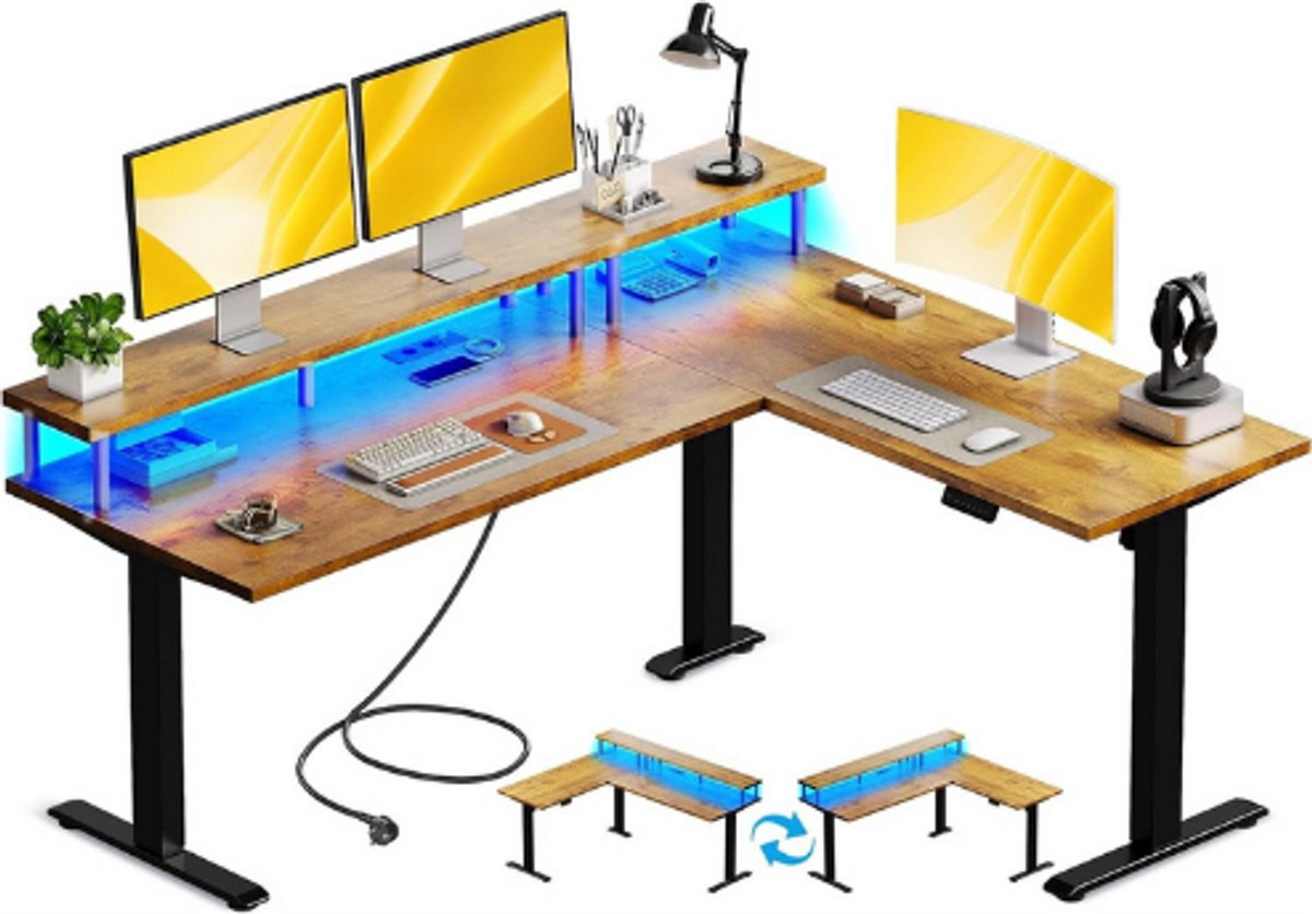 OffiGo Elektrisch L Vormig Bureau Hoogte Verstelbaar 150 X 120 Cm - Hoekbureau Met Monitorhouder En Stopcontacten - Ergonomisch Zit Sta Bureau Met LED Verlichting - Stijlvol Bruin Design