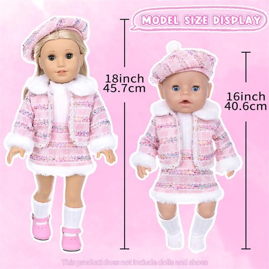Poppenkleding Winter Outfit - Tweed Pak Baret - Poppen Aankleden - Vijf Delige Set - 18 inch Pop - Roze van Merkloos — afbeelding 4