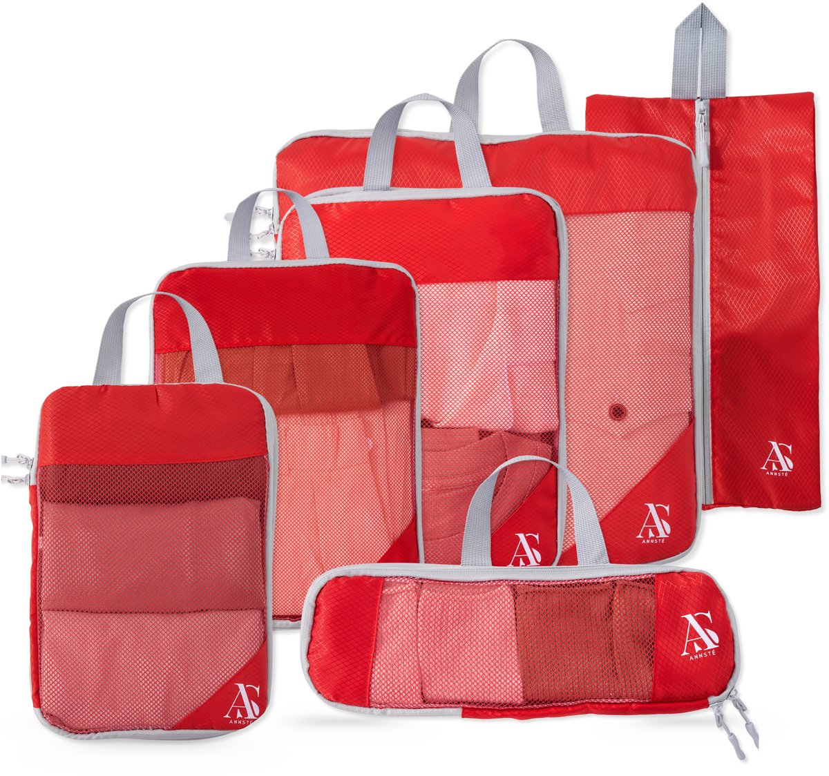 ANNSTÉ® - Compressie Packing Cubes - Packing Cubes Compression - Reiszakken voor Koffer - Packing Cubes met Compressierits - Bagage Organizer - Compression Cube - Koffer Organizer Set - Bag Organizer - Reistassen - Reis Organizer - 6 Stuks - Rood