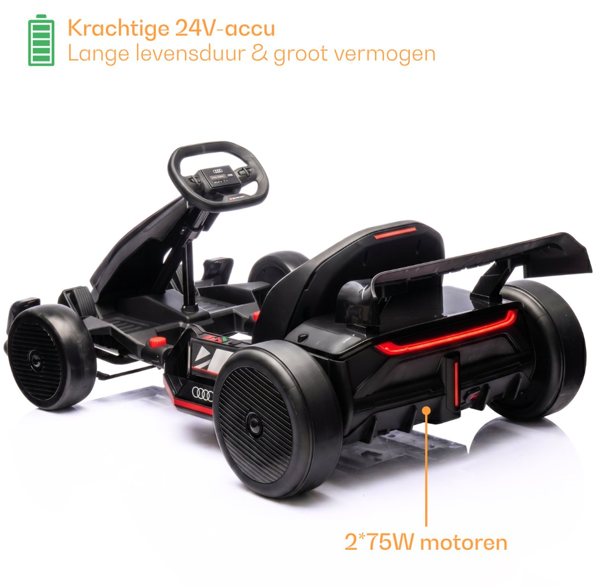 Audi Full Option Elektrische GoKart 6 tot 12 jaar – Officieel Gelicentieerde 24V Drift-Kart met Verstelbaar Frame & Bluetooth – Snelle Kinderkart met Soft-Start, LED-verlichting & EVA Voorwielen – Zwart — afbeelding 2