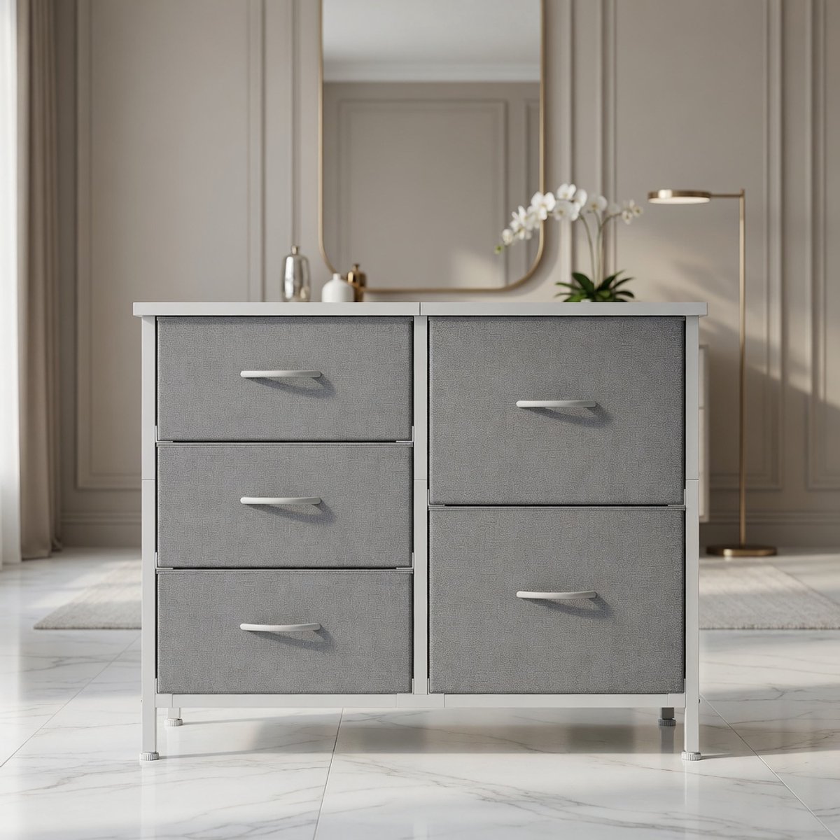Commode met 5 Stoffen Laden – Compacte Ladekast met 2 Grote & 3 Kleine Lades, Houten Bovenblad, Stalen Frame, Lichtgrijs, 78x29x60 cm – Mobili Bella