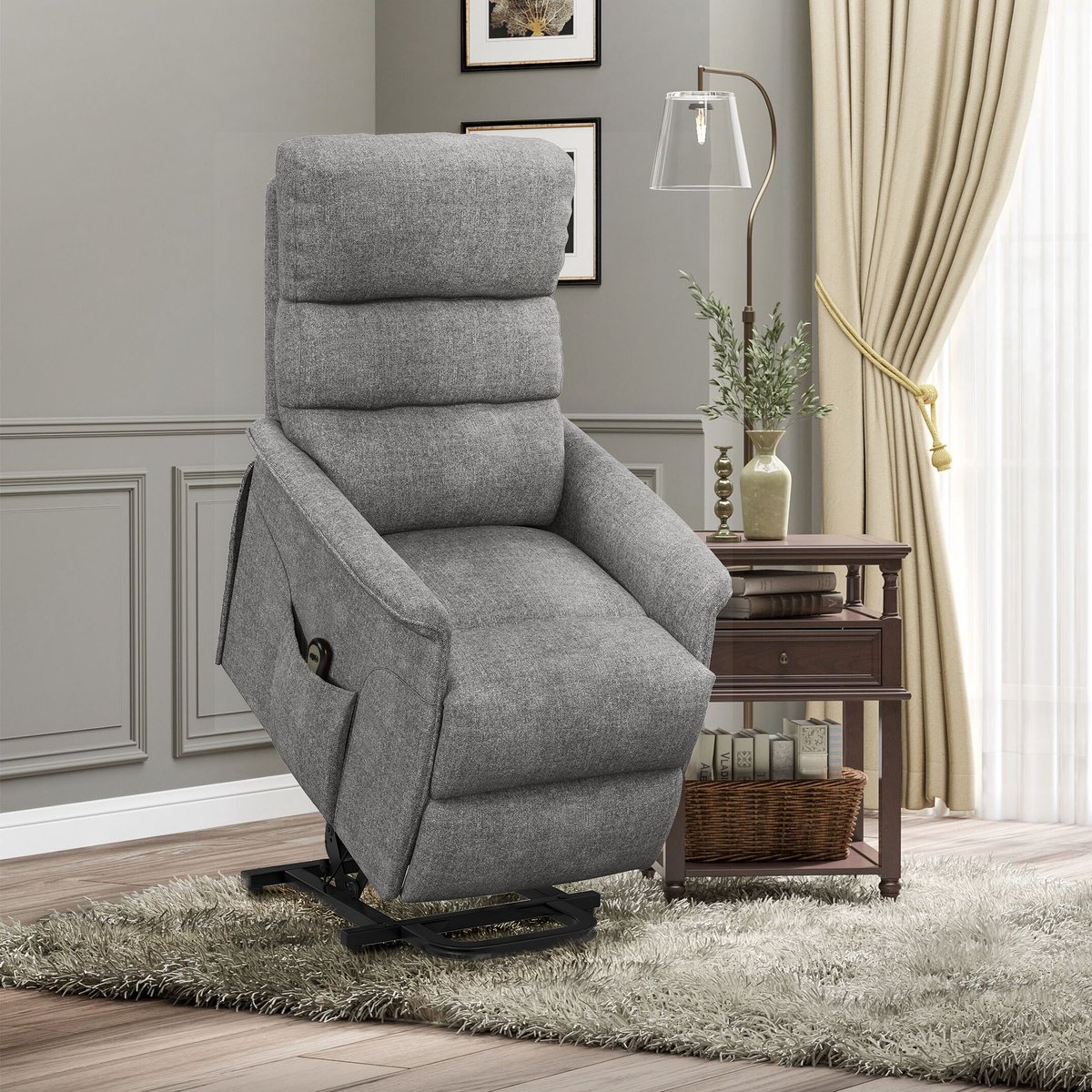 REDOM Elektrische Sta-Op Fauteuil - Verstelbare Rugleuning En Voetsteun - Met Zijvak - Polyester - Grijs