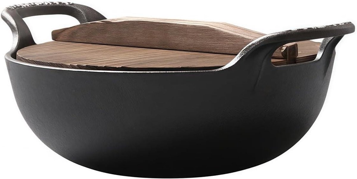 Gietijzeren Wok - Roerbakpan Wok - Veelzijdig Koken - Platte Bodem - 22 x 22 x 12 cm - Zwart