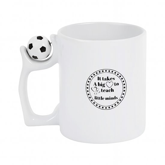 Hacebo® - It Takes A Big Heart To Teach Little Minds koffiebeker met voetbal wit - Leraar - De beste juf of meester - thee mok - koffie beker - Leuk cadeau voor de juf of meester om te geven - bedankt cadeau - koffiemok - 330 ML