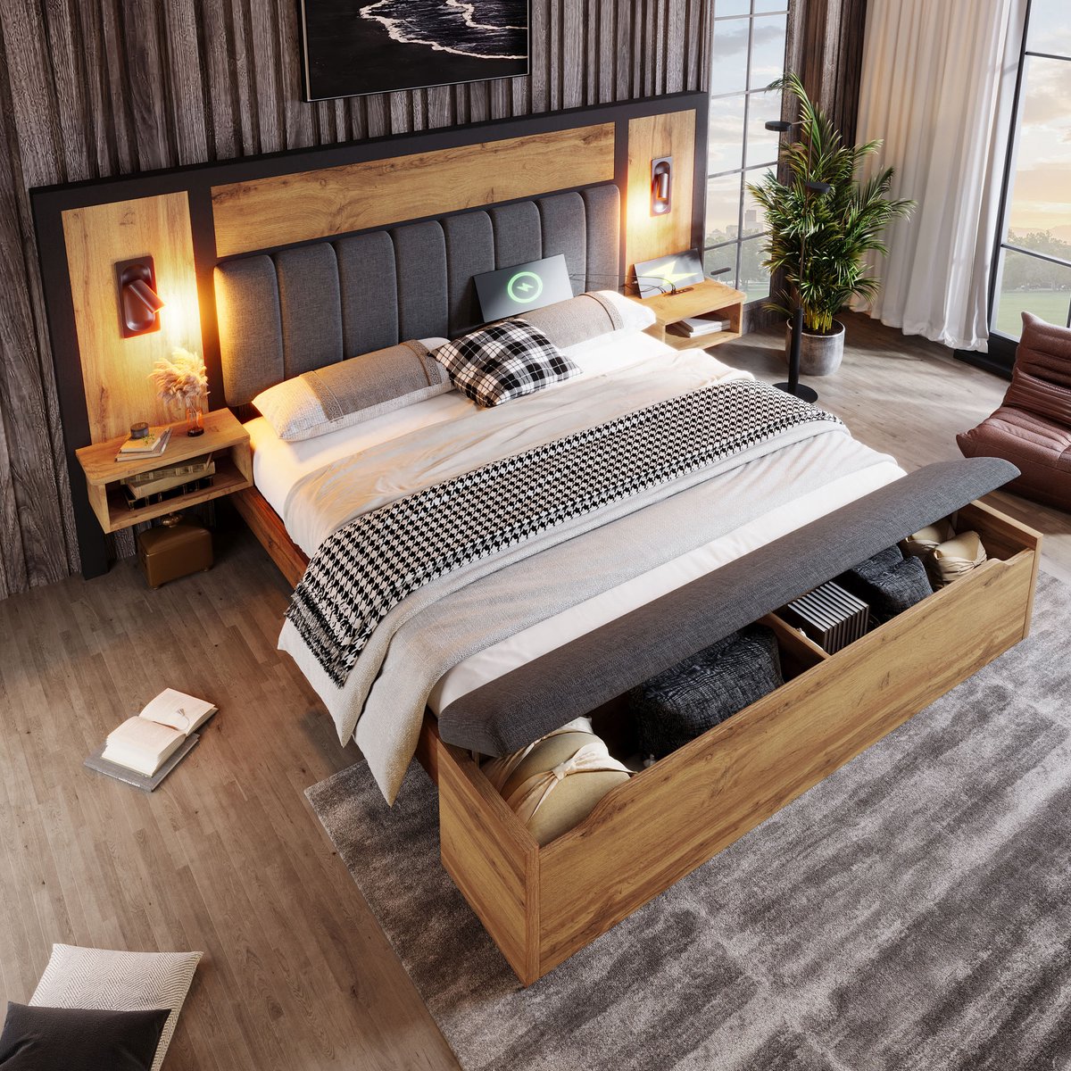 MODFU – Tweepersoonsbed met Leeslampen – 160x200 cm – Nachtkastjes met USB-C – Opbergbank 