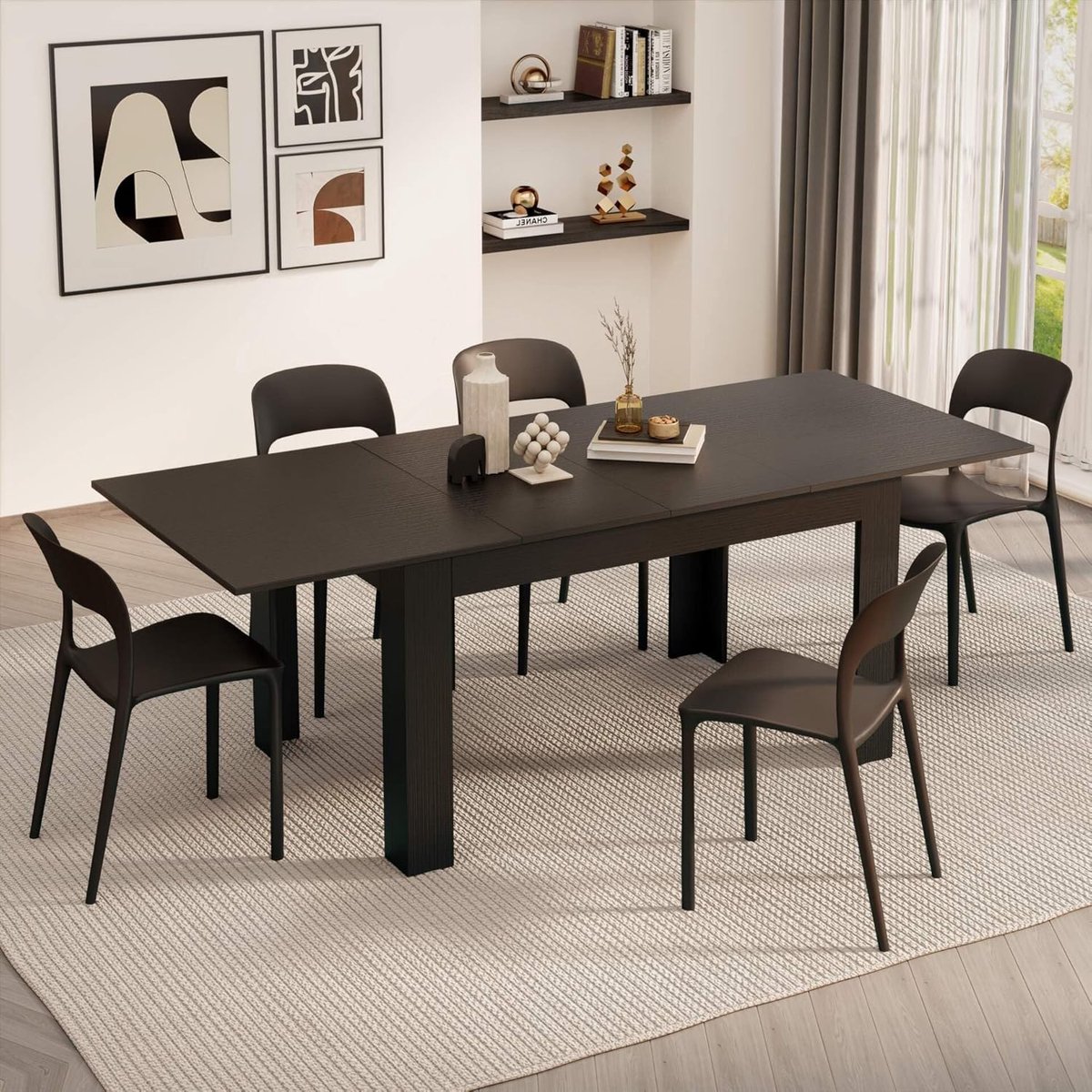 Luxe Uitschuifbare Eettafel Zwart Essen 140–220 x 90 x 77 cm – Modern Design met Opbergruimte & 6–8 Zitplaatsen