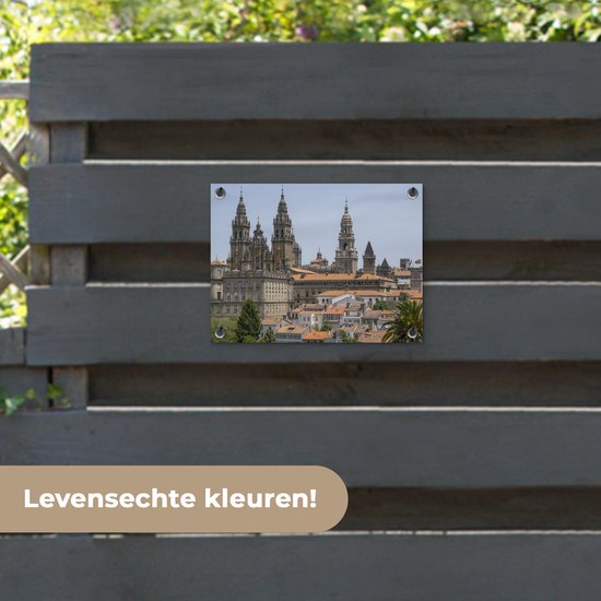 Tuinposter 40x30 cm - Tuindecoratie Cityscape van Santiago de Compostella - Poster voor in de tuin - Buiten decoratie - Schutting tuinschilderij - Tuindoek muurdecoratie - Wanddecoratie balkondoek