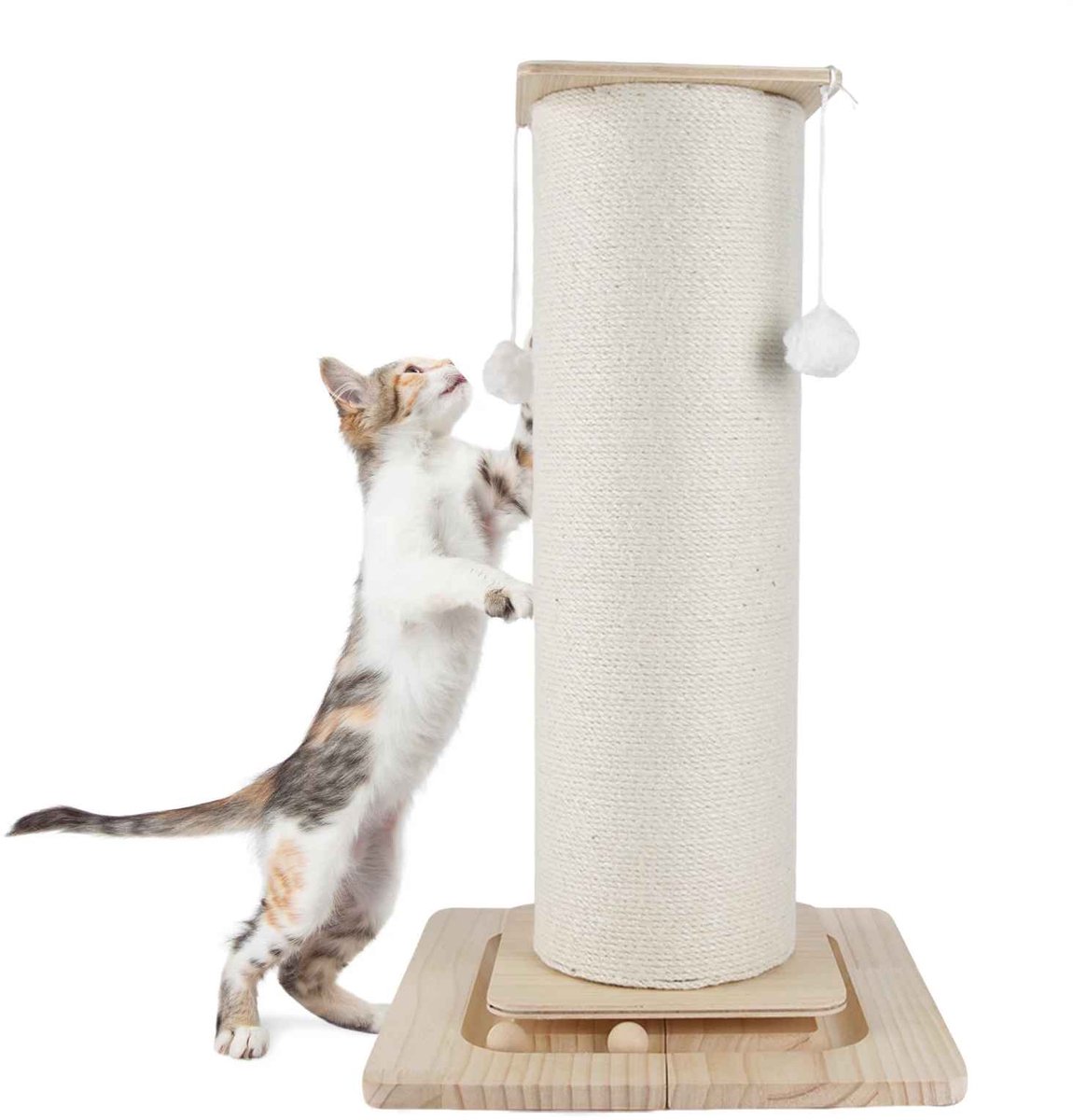 Casa Living Krabpaal met Speeltjes - Krabpaal Kat - Stevig Houten Design met Speeltjes - Sisal Bekleding - 60CM Hoog - Wit/Beige