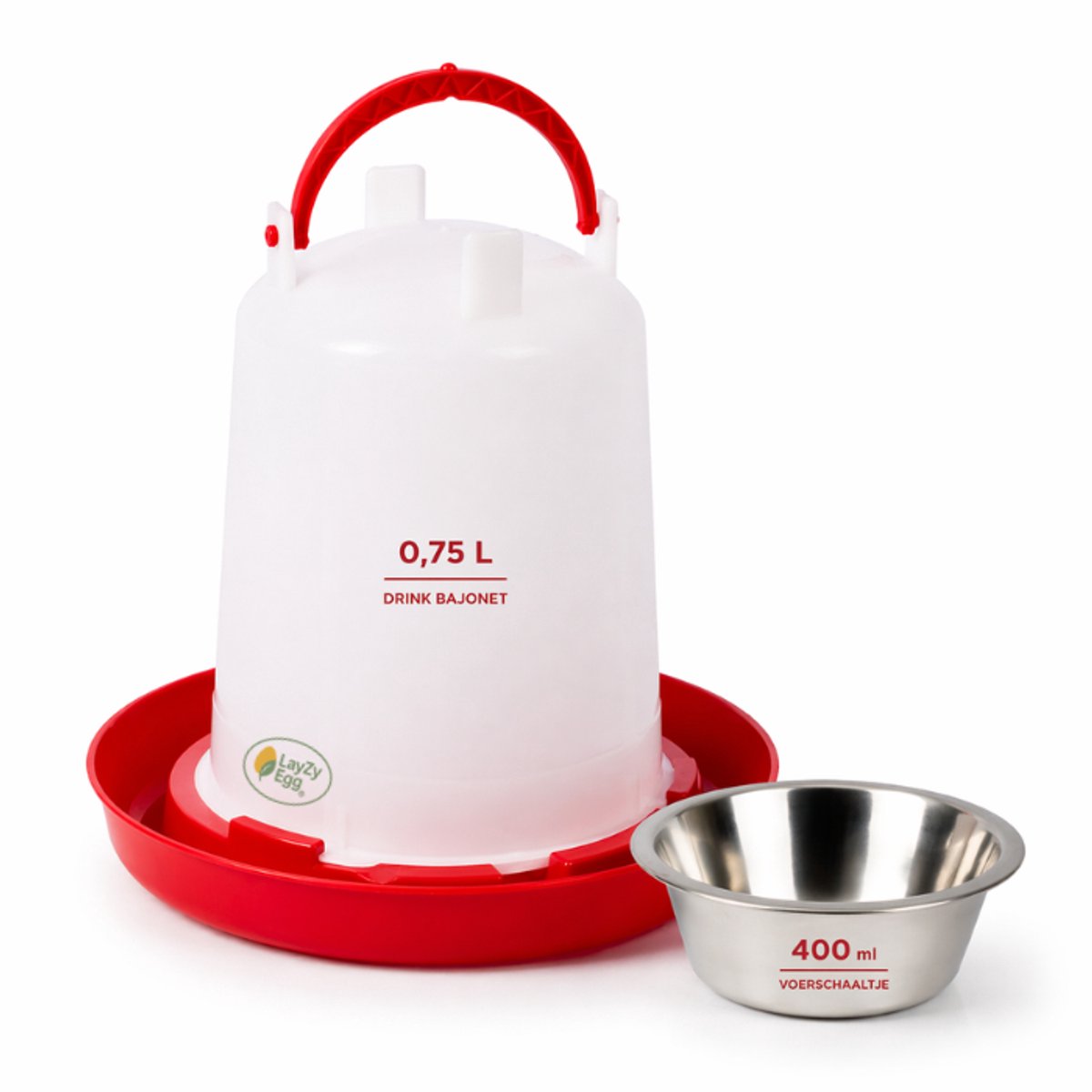 LayZyEgg® Voer- en Drinkset – RVS Voerbak 400 ml + Bajonet Drinkbak 0,75L – Kuikens, Kwartels & Kippen