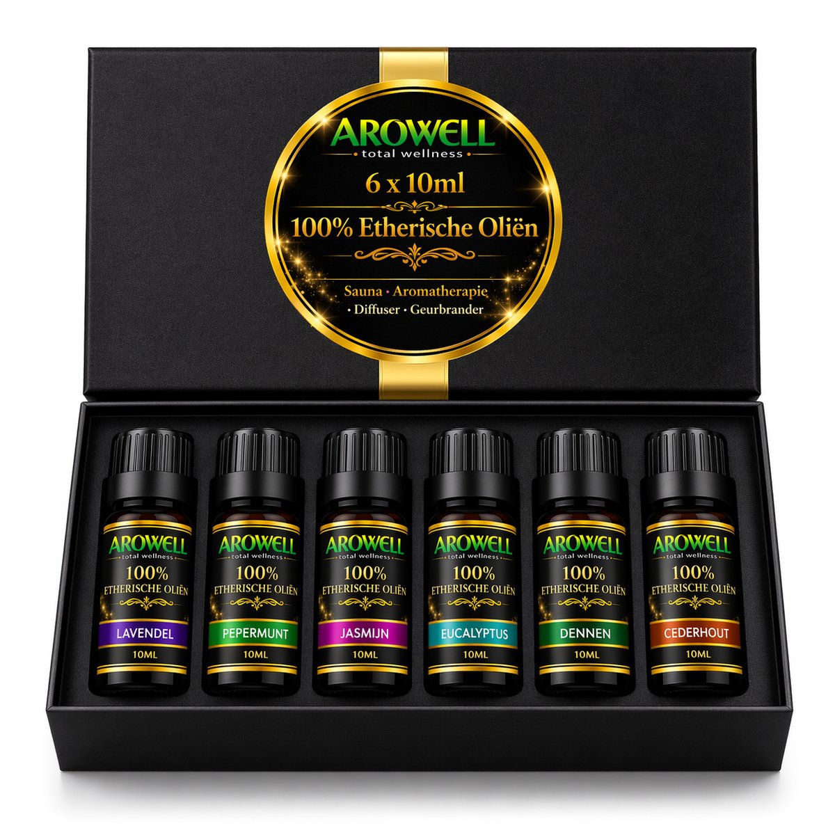 Arowell Luxe Etherische Olie Set – 6 x 10 ml – 100% Natuurlijke Etherische Oliën – Lavendel, Pepermunt, Jasmijn, Eucalyptus, Dennen & Cederhout – Voor Sauna, Diffuser & Geurbrander