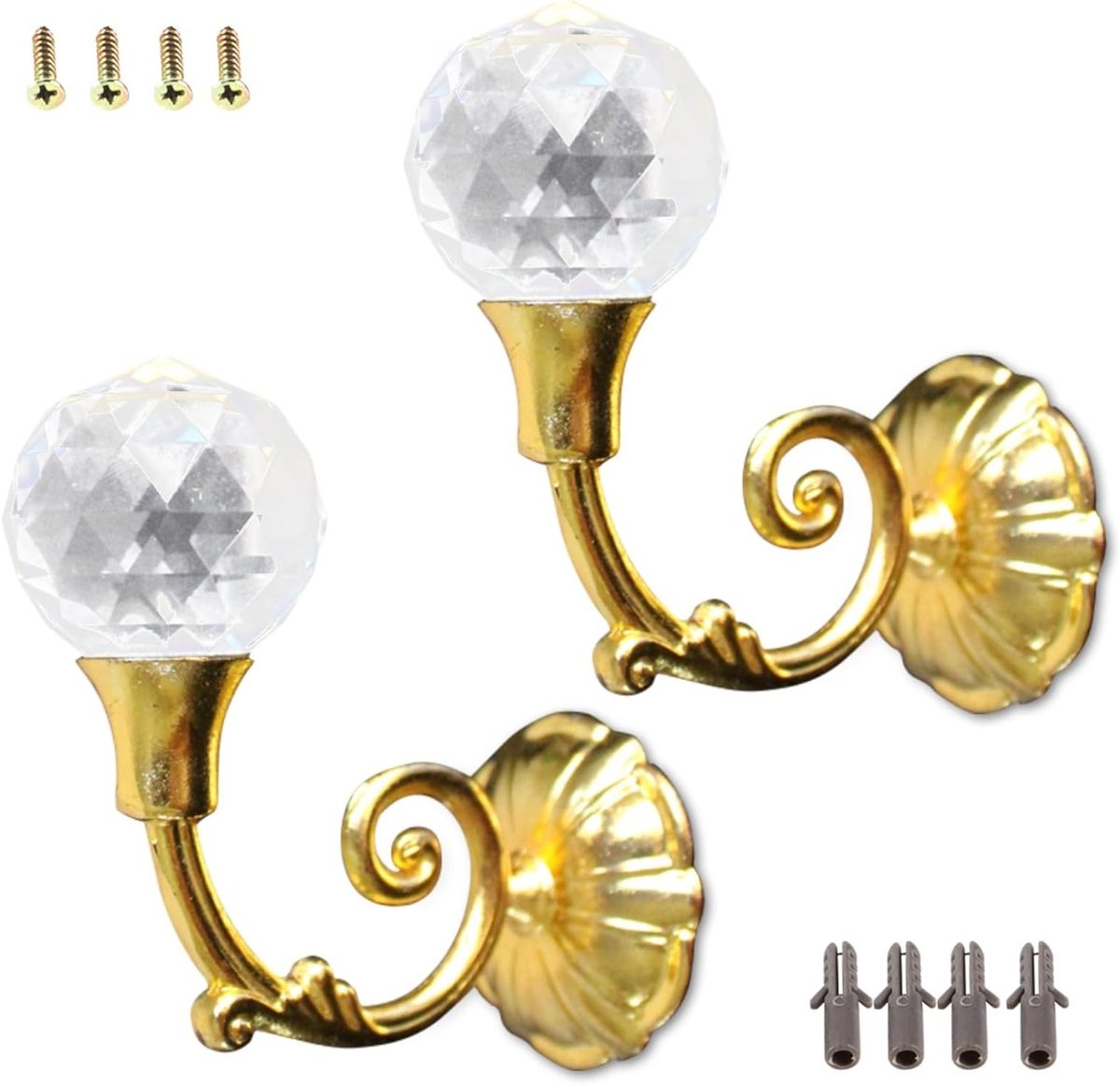 Elegante 2-delige gordijnhouders van metaal met heldere kristallen ballen, wandmontage voor stijlvolle raamdecoratie en praktische gordijnbinders in goudkleur.