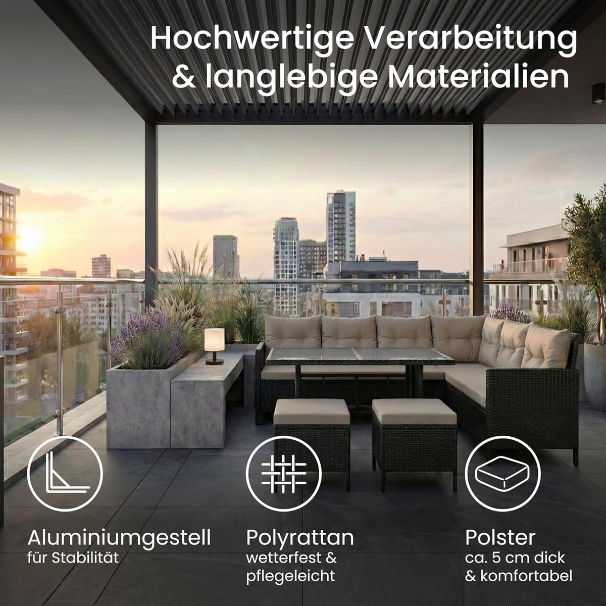 Tuin loungeset 7-zits hoekbank met tafel 220x50x10 cm – Modulaire polyrotan loungeset met gehard glas, kussens en krukken – Outdoor tuinmeubelset zwart/grijs – Nicolehome