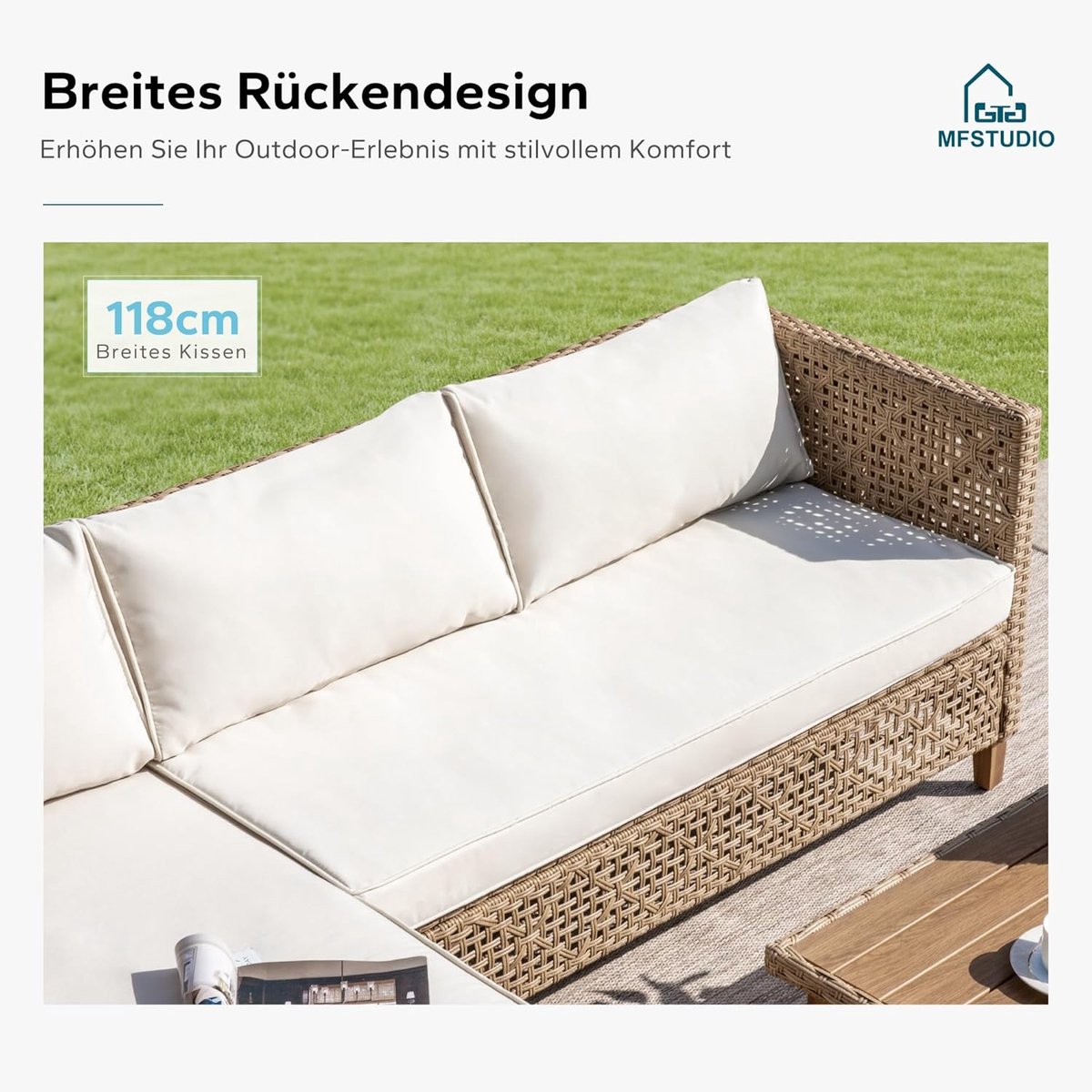 Tuinloungeset 5-Delig 185x122x63 cm Rotan Hoekbank met Dubbele Salontafel, Acaciahouten Poten, Opbergruimte en Beige Kussens voor Tuin, Terras en Balkon - Mobili Bella
