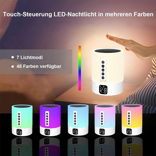 Bluetooth-luidspreker met licht, witte ruisgenerator en lichtwekker; aanraakgevoelige, dimbare nachtlamp met wekkerfunctie; een cadeau voor meisjes, jongens en kinderen. — afbeelding 5