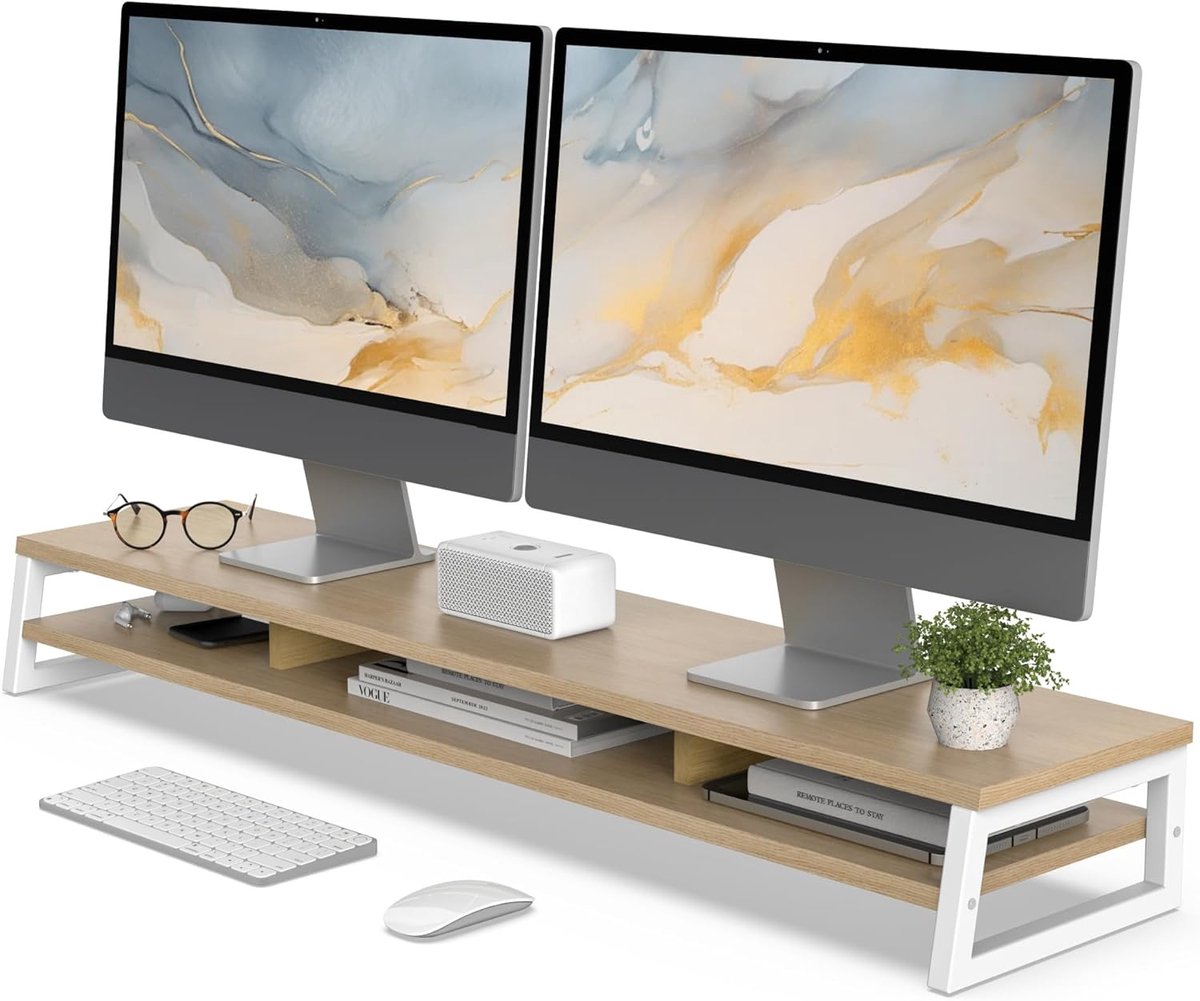 Monitorstandaard - Bureau verhoger - Bureau organiseren - Ruim en stabiel - 108 cm breed - Eiken