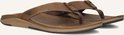 Twee bruine leren Reef teenslippers, van de zijkant bekeken, met suède bandjes.