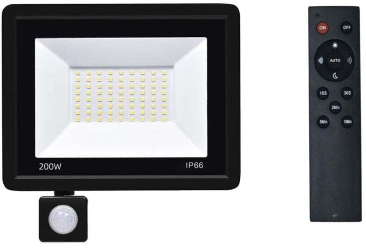 200W LED-buitenschijnwerper geschikt voor bewegingssensor, 72 ultraheldere koelwitte LED-lampjes, 6500K kleurtemperatuur, 16000 lumen, IP66 waterdicht, geschikt voor tuinen, binnenplaatsen, garages en andere plaatsen.