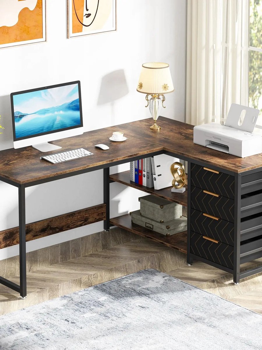 Questyr L-vormig computerbureau met opbergladen - 59 inch hoekbureau met planken - omkeerbaar L-vormig bureau Studie zwart