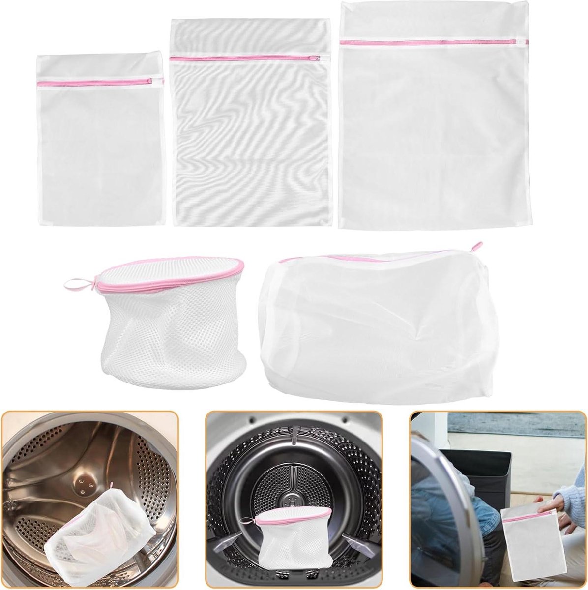 Waszakken Set Mesh Tassen Kleding Beschermen Ritssluiting Ontwerp 5 Stuks 60x47CM Wit