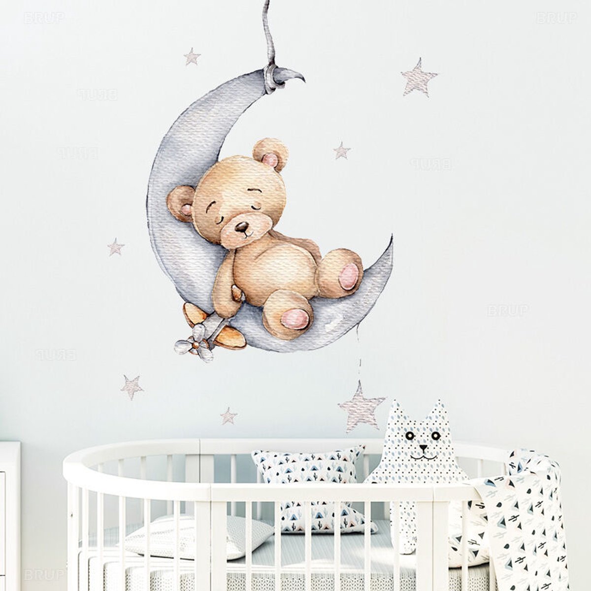 Muursticker geschikt voor beer op wolken, muursticker geschikt voor maan en sterren en heteluchtballon, muursticker geschikt voor zoete dromen (geschikt voor babykamer), muurstickergeschikt voor kinderkamer
