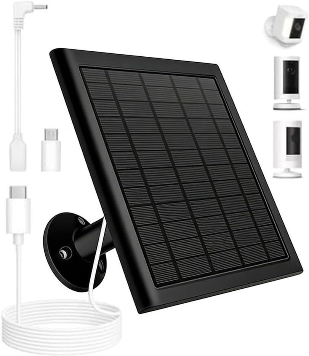 Zonnepaneel oplader - Externe stroombron - Camera continu laden - IP65 waterdicht ontwerp - 3 meter kabel - Zwart