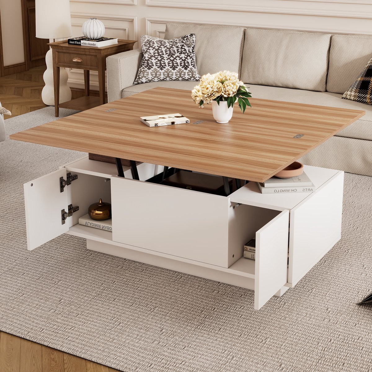MODENUIT Salontafel - Dubbel Hefblad En Opbergruimte - Voor Woonkamer - Spaanplaat Wit En Houtkleur - 100x50x55,5 Cm Naturel