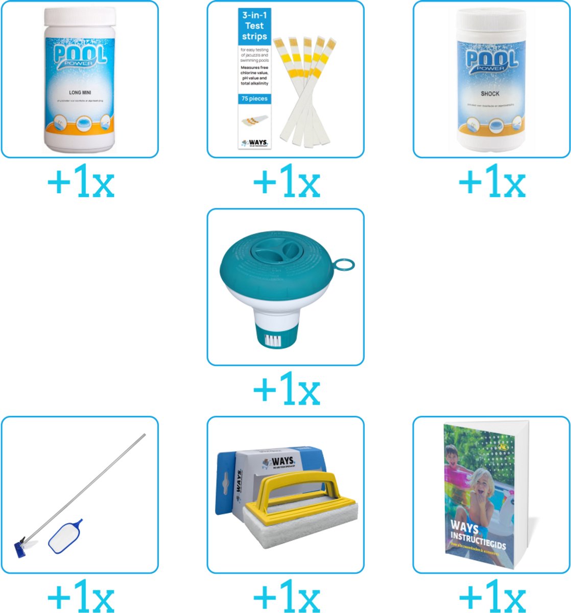 Zwembad Onderhoudspakket - Onderhoud Zwembad - bevat Chloor - Testrips - Chloor - Chloordrijver - Schoonmaakset - Scrubborstel en Zwembadgids (7-delig)