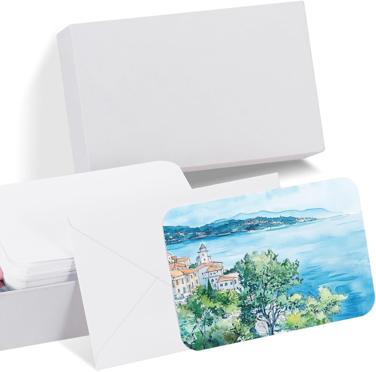 60 Sets Pure Cotton Watercolor Cards - 150lbs/300g/m² Postcards met Afgeronde Hoeken en Enveloppen voor Kunst Schilderen - Creatieve Bedankbriefkaartjes - 100 x 15cm (Witte Doos)