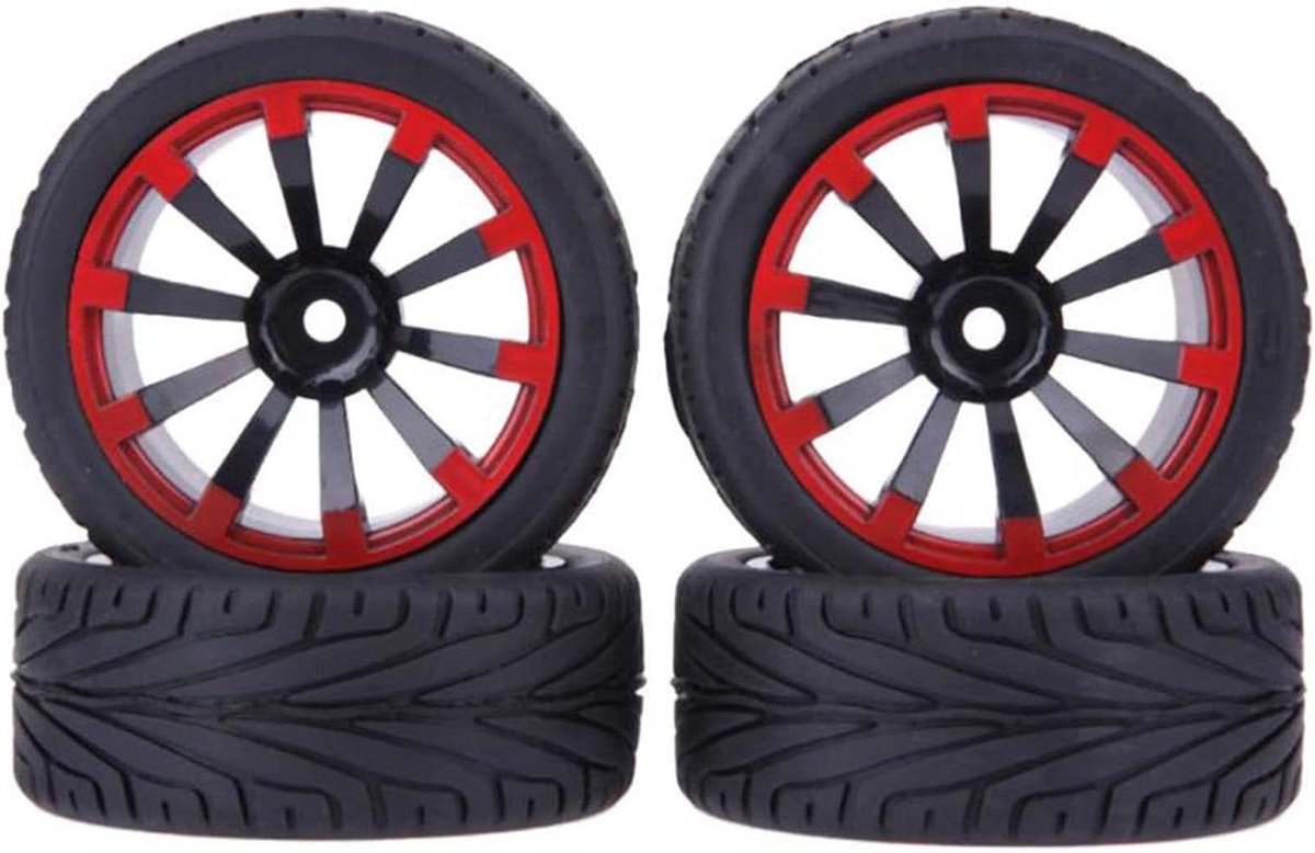 RC Banden Set - Wielen Set - RC Auto Rijden - 4 Stuks Set - 65 mm - Zwart Rood