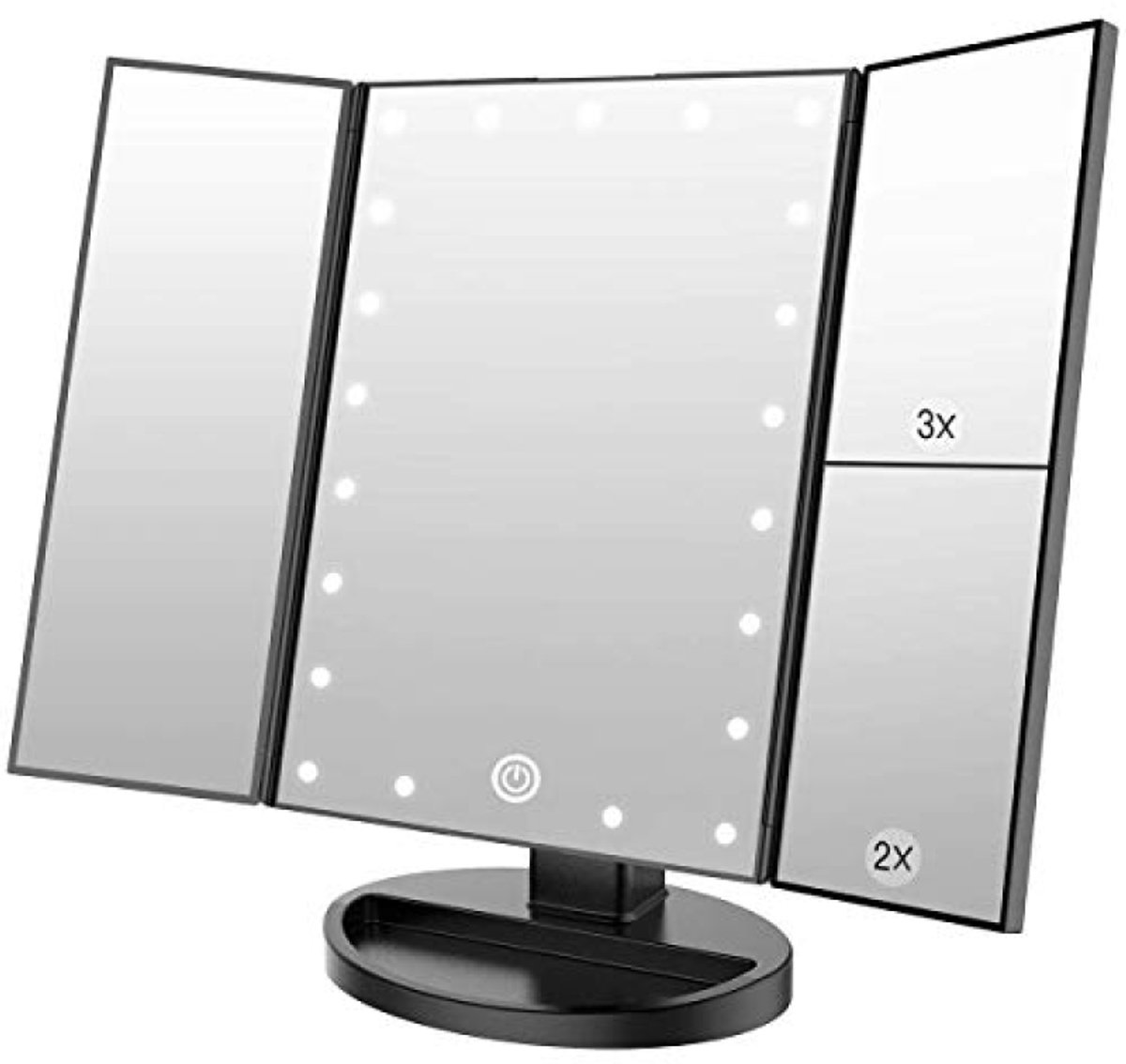 Make-up spiegel Verlichte vergroting-driedelige spiegel-21 led-lampen-touchscreen-schakelaar-tafelspiegel-batterij-USB (zwart)