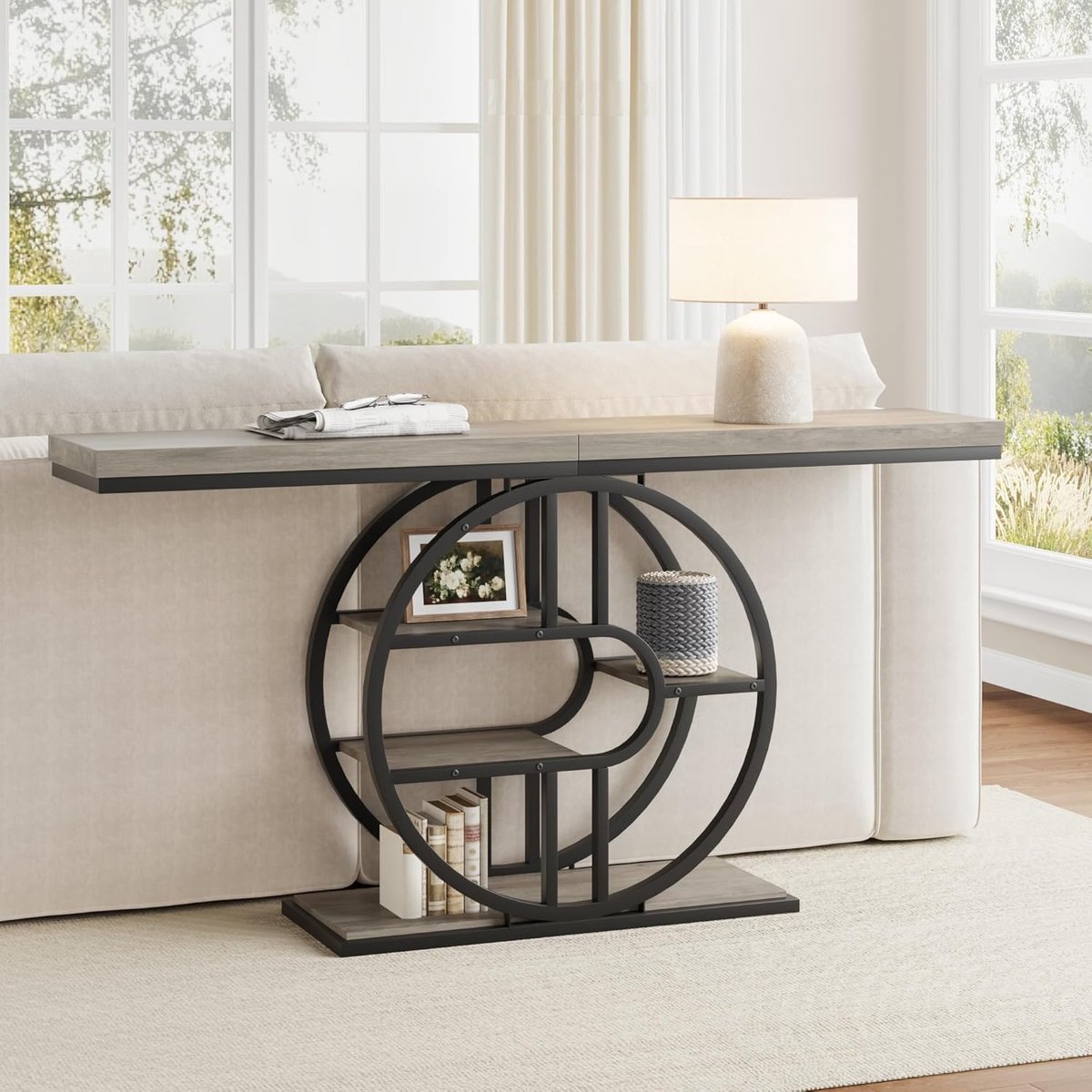 HOERFURIY Industriële Sidetable / Wandtafel - 120 cm - Met 5 Niveaus & O-Vormig Frame - Smalle Consoletafel voor Hal & Woonkamer - Hout / Metaal - Grijs