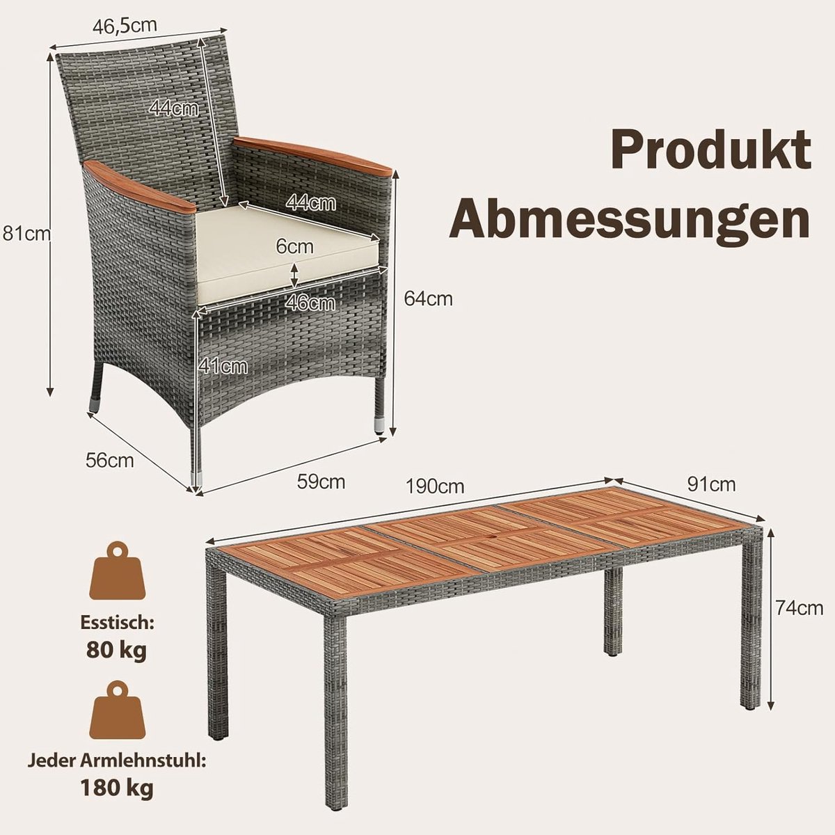 Tuinmeubelset 8 Personen 190x91x74 cm – Luxe Polyrotan Eettafel met 8 Stoelen & Kussens – Weerbestendig Acaciahout – Grijs – Nicolehome