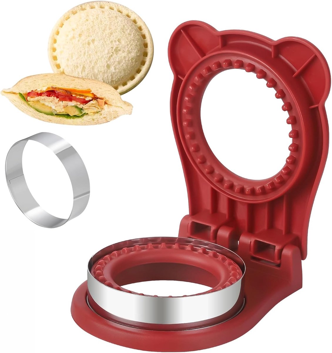 Randloze sandwichmaker, ronde sandwichsnijder en -sluiter, 16,5*12,5 cm, sandwichsnijder voor kinderontbijt en lunchbox (rood)