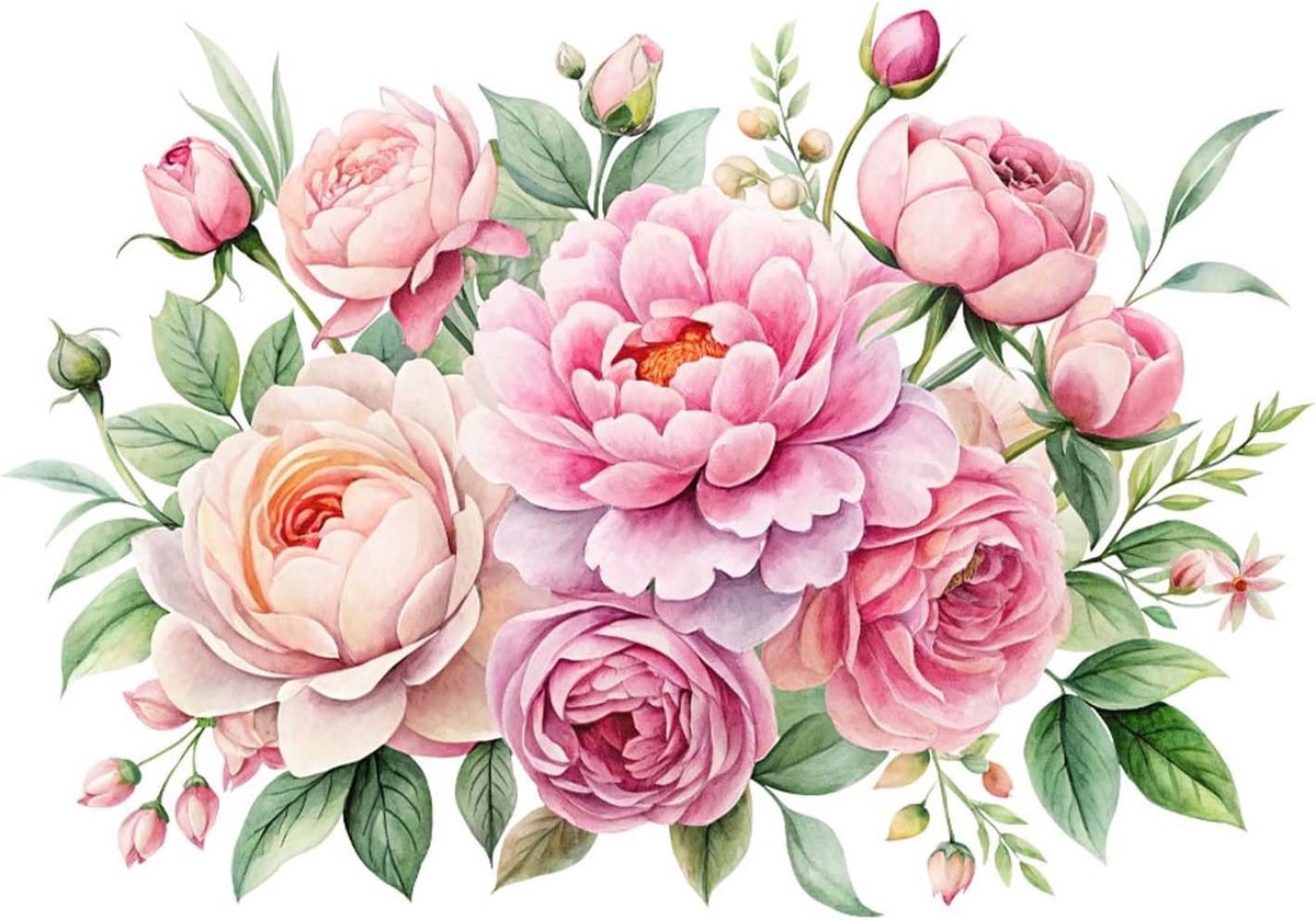 Grote Bloemen Muur Tattoo - Zachte Roze Muur Sticker - Peony Bloemen - Waterdichte Muur Sticker - Vintage Muur Decoratie voor Woonkamer en Slaapkamer - 44 x 42 cm (F)