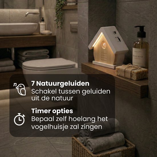 Vogelhuisje met zachte verlichting in een badkamer. Text '7 Natuurgeluiden' en 'Timer opties'.