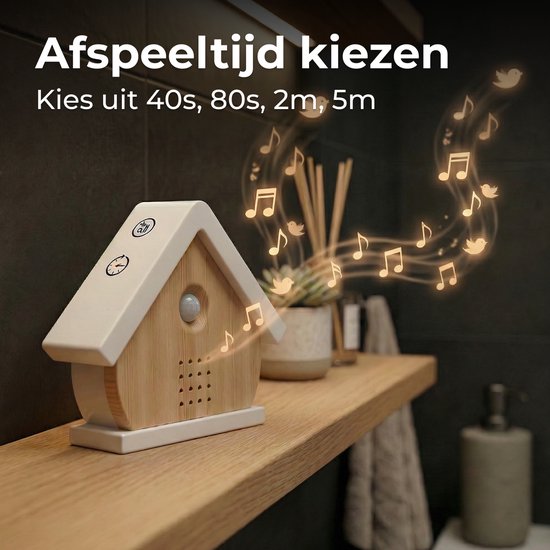 Houten vogelhuisje met muzieknoten en vogels die uit de speaker komen. Text 'Kies speeltijd'.